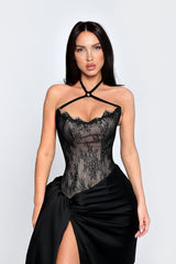 Black Halter Sleeveless Appliques Long Formal Dress With High Split