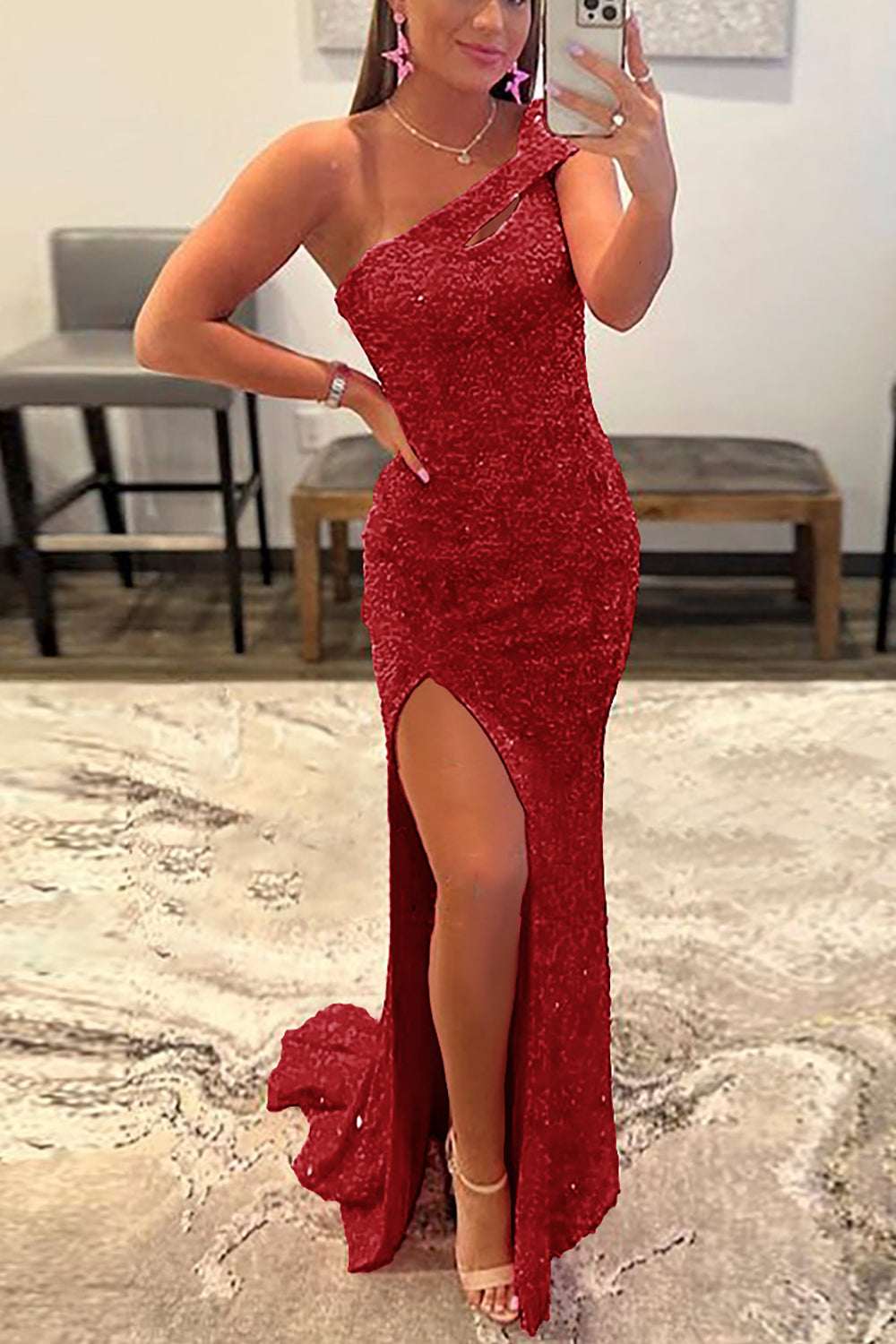 One Shoulder Fuchsia Prom Dress with Sequins