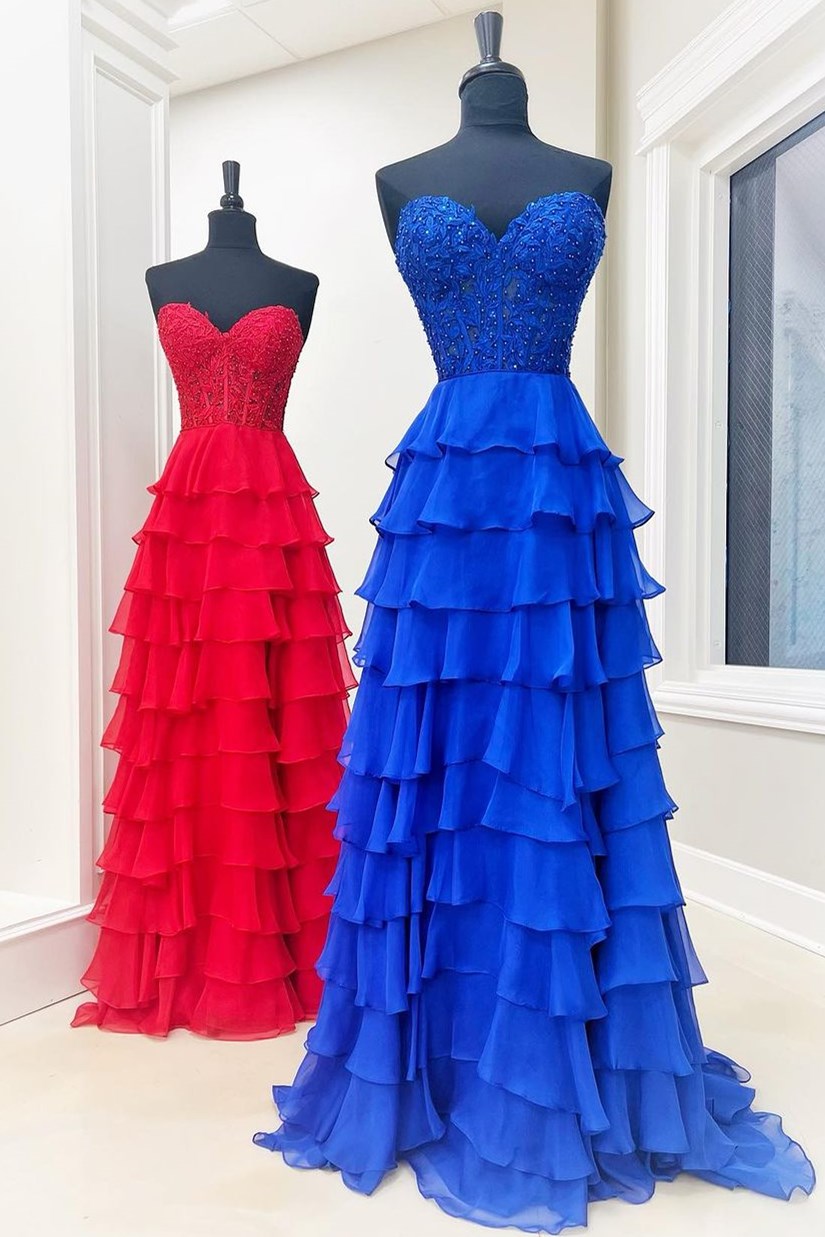 Light Blue Long Tiered Chiffon Prom Dress with Appliques in a Sweetheart A-Line