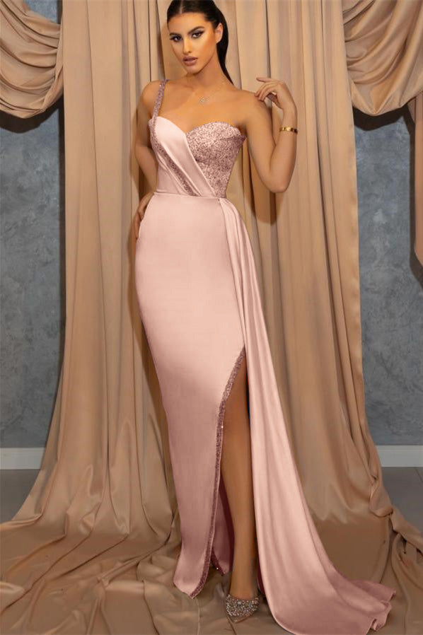 Sky Blue One Shoulder Spaghetti-Straps Slit Sweetheart Mermaid Evening Dress With Sequins