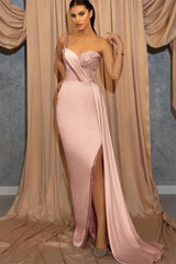 Sky Blue One Shoulder Spaghetti-Straps Slit Sweetheart Mermaid Evening Dress With Sequins