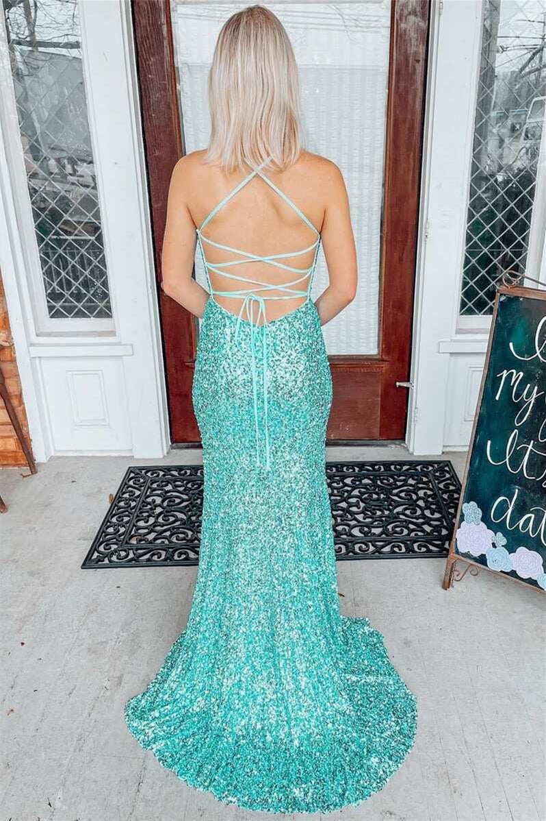 Jade V-Neck Spaghetti Strap Split Mermaid Evening Dress With Sequins