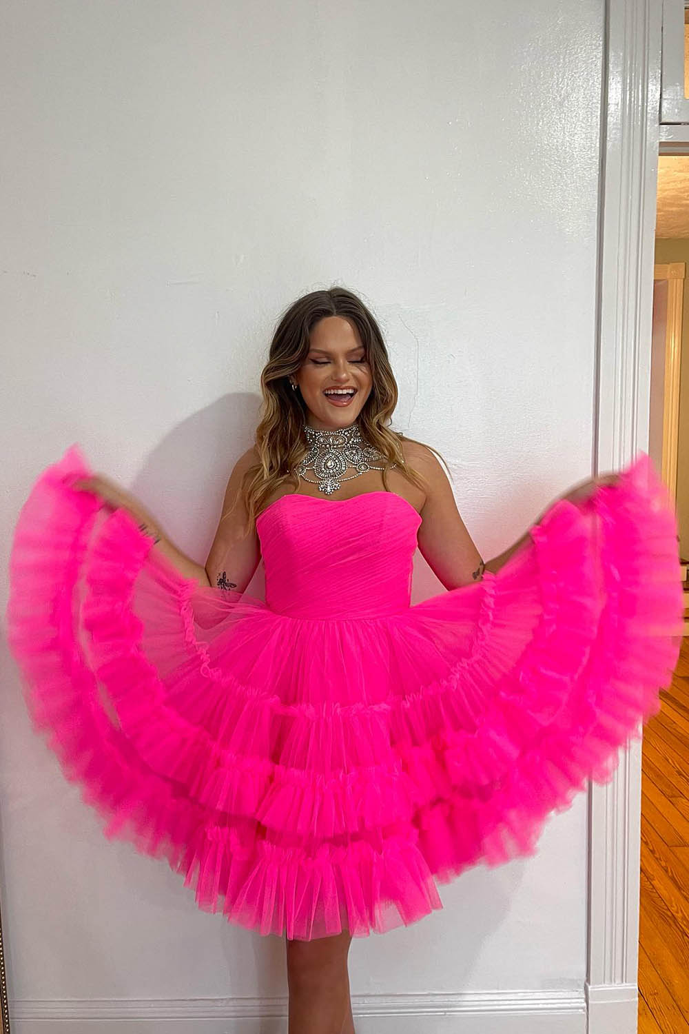 Fuchsia A-Line Sweetheart Tulle Tiered Corset Short Homecoming Dress/Mini Dress