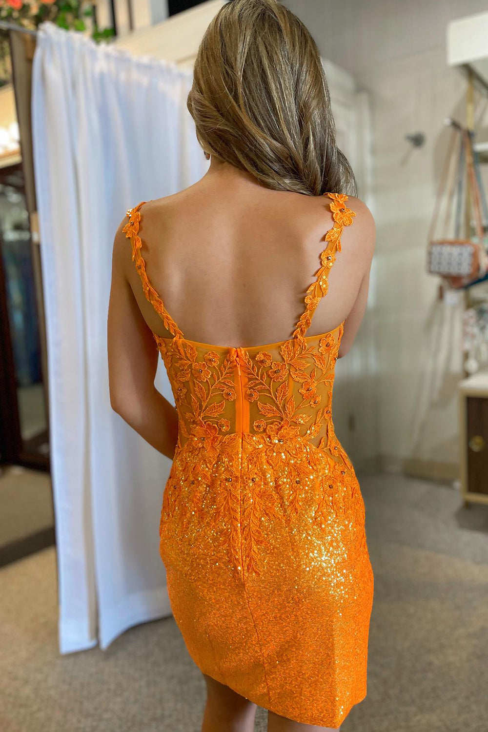 Glitter Orange Corset Sequins Tight Short Homecoming Dress/Mini Dress with Appliques