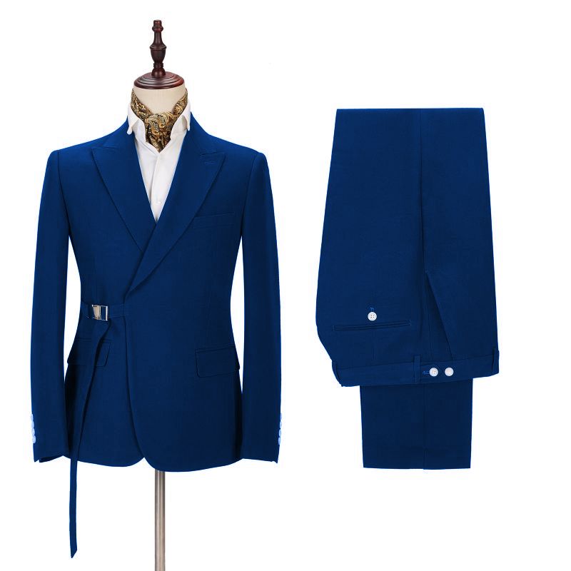 Fashion Royal Blue Buckle Button Tuxedo Suit for Wedding with Peak Lapel
