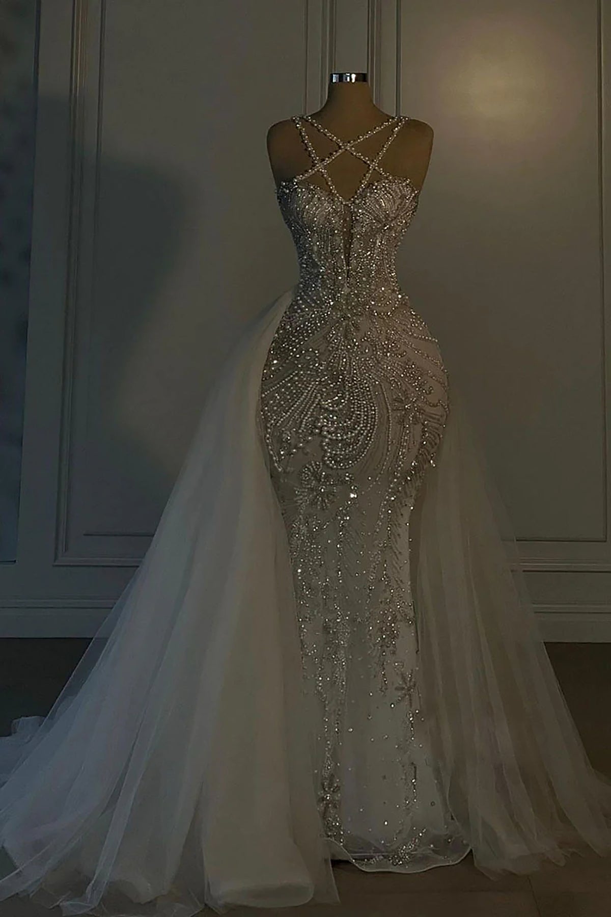 Halter Sleeveless Mermaid Long Formal Dress With Beading Tulle
