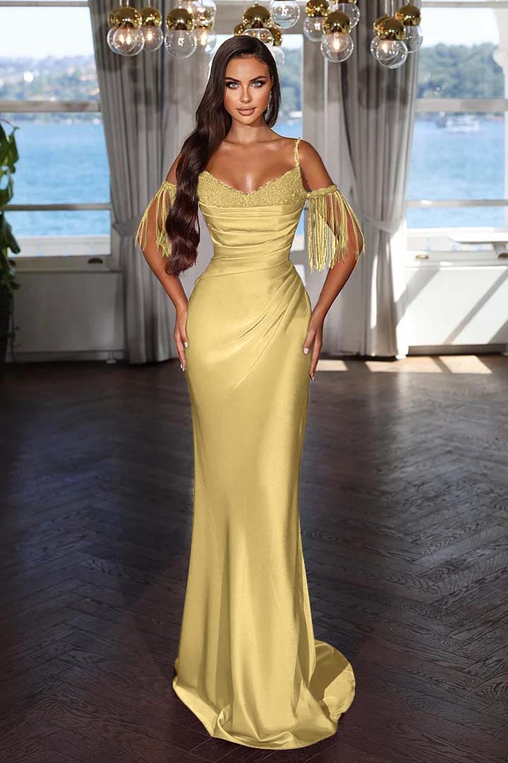 Luxury Hot Pink Spaghetti Strap Mermaid Long Evening Dress With Chic Tassels and Sequins