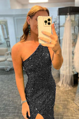 Long Black Glitter Prom Dress Featuring Sequins and a Slit