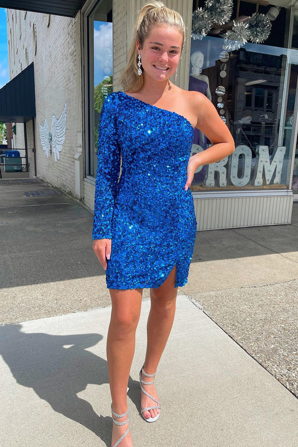 Blue Sequins Homecoming Dress/Mini Dress with Sleeves