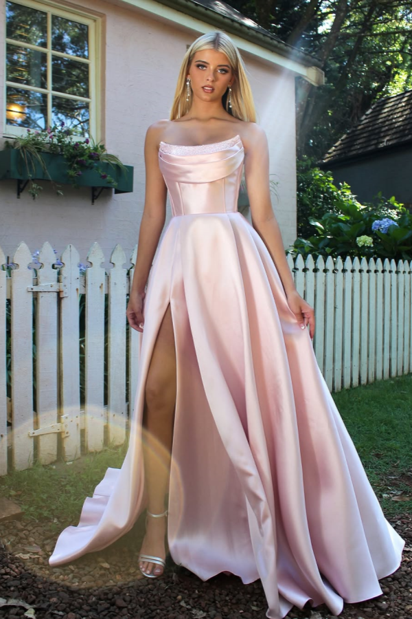 Strapless Sleeveless A Line Long Formal Dress With Split Pleated