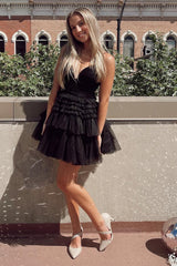Glitter Black Tiered Spaghetti Straps Short Homecoming Dress/Mini Dress