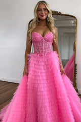 Elegant Sweetheart Corset Pink Prom Dress with Appliques in A-Line Style