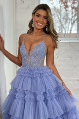 Long Corset Prom Dress with Lilac Princess Spaghetti Straps and Tiered Tulle Appliques