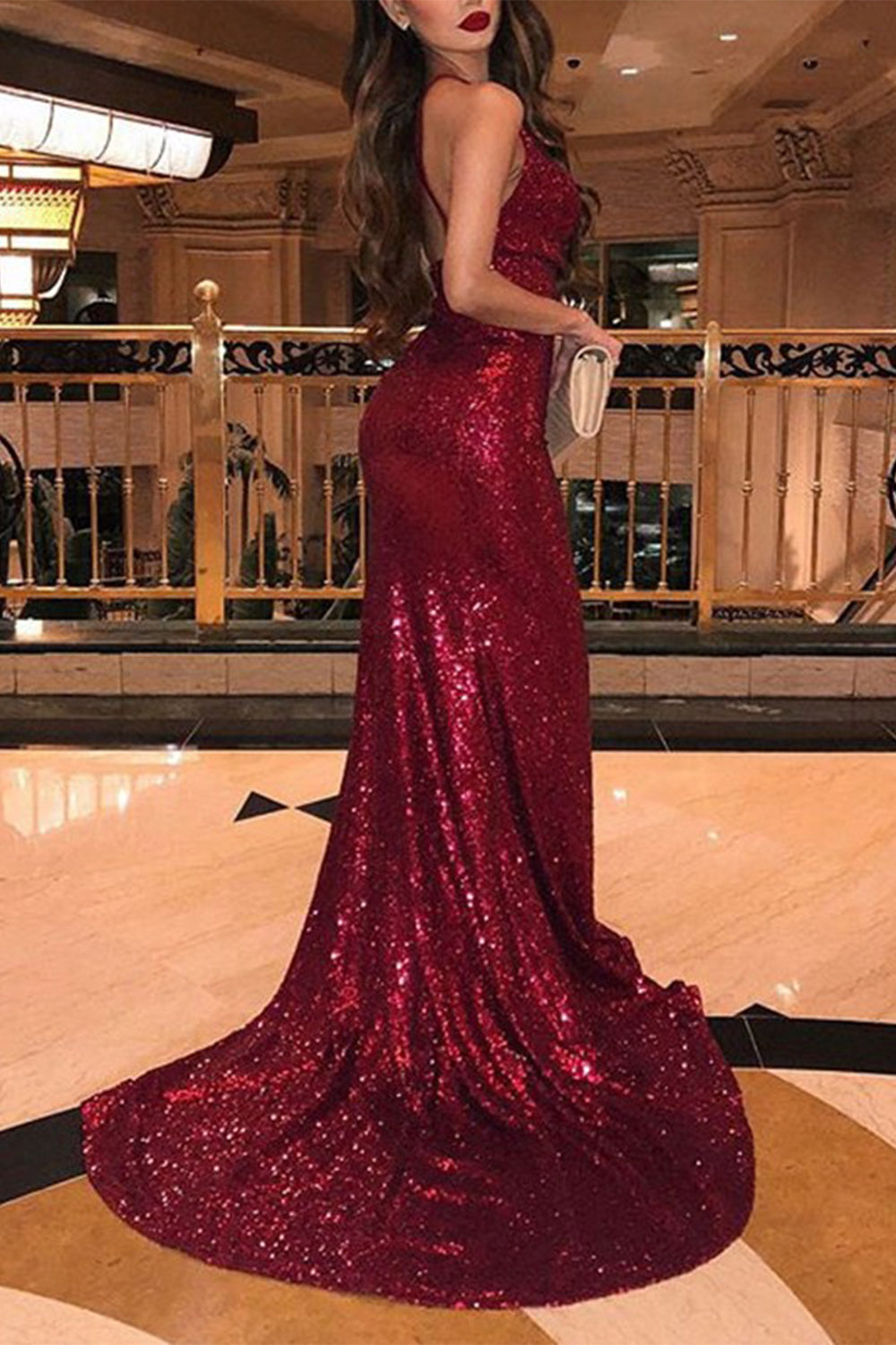 Sequined Prom Dress in Burgundy with Mermaid Cut and Halter Backless Design