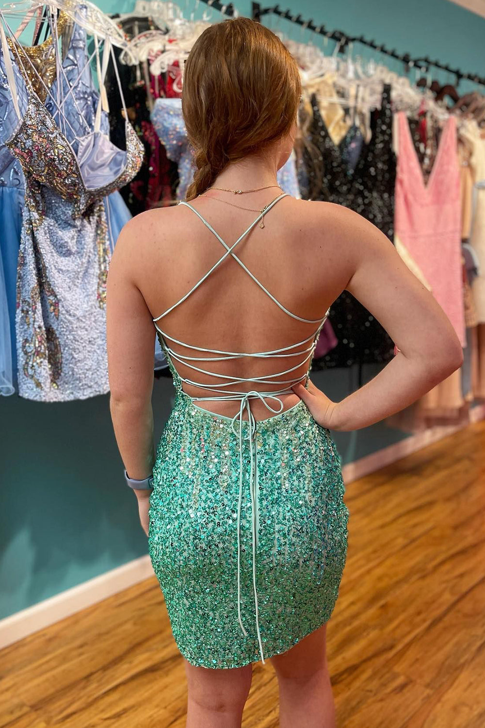 Sparkly Green Sequins Lace-Up Back Tight Homecoming Dress/Mini Dress