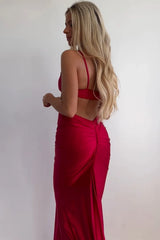 Long Satin Prom Dress with Elegant Red Spaghetti Straps and Cut-out Mermaid Design