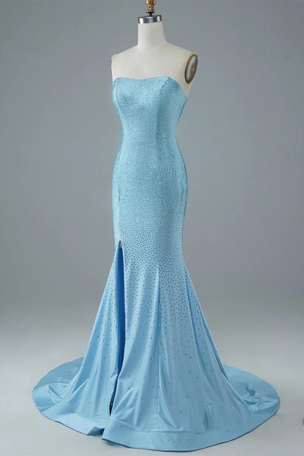 Long Beaded Red Mermaid Prom Dress with Glitter and Strapless Slit Design
