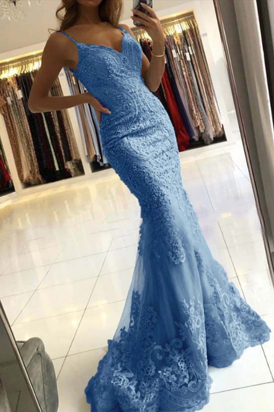 Spaghetti-Straps Mermaid Sky Blue Evening Dress