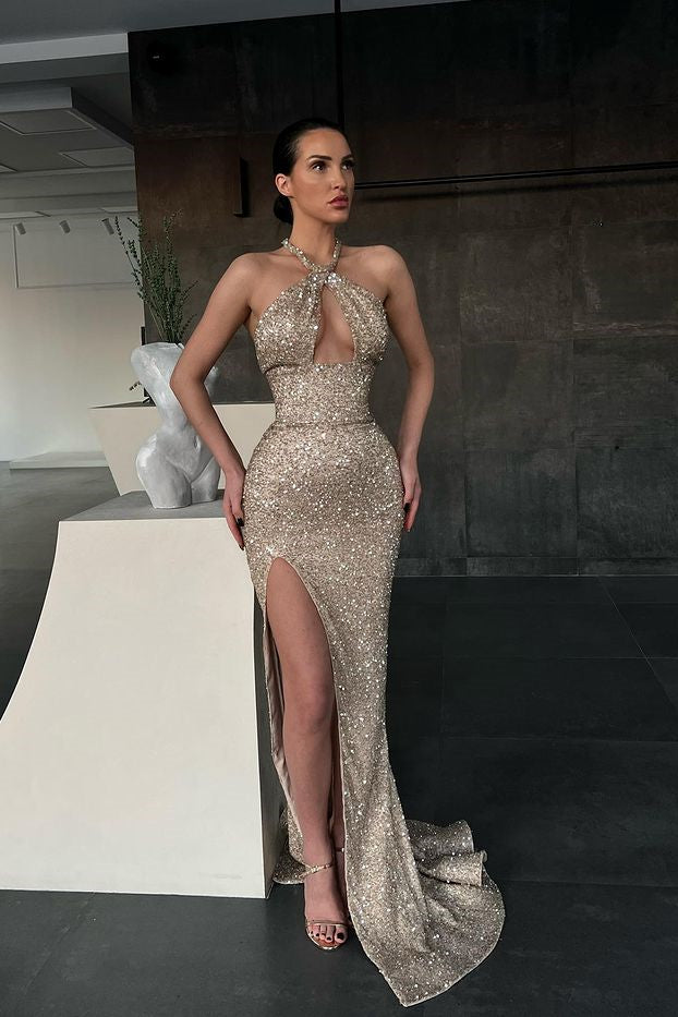 Halter Sleeveless Mermaid Long Sequins Evening Dress With Split