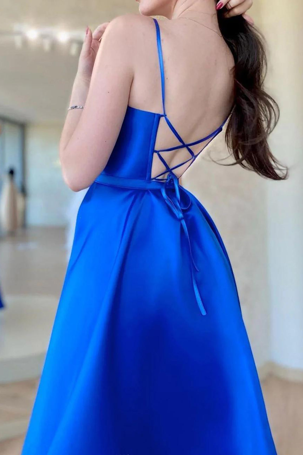 Royal Blue Long A-Line Prom Dress with Spaghetti Straps and Front Split