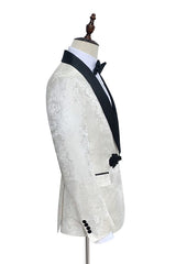 Stylish Knitted Button Black Shawl Lapel White Jacquard Three-Piece Wedding Tuxedo for Men
