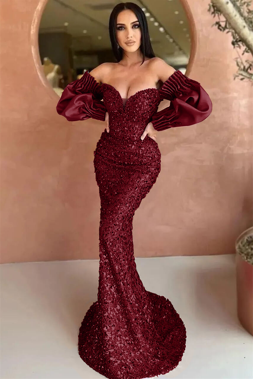 Off-The-Shoulder Sweetheart Long Sleeves Evening Dress With Sequins Mermaid