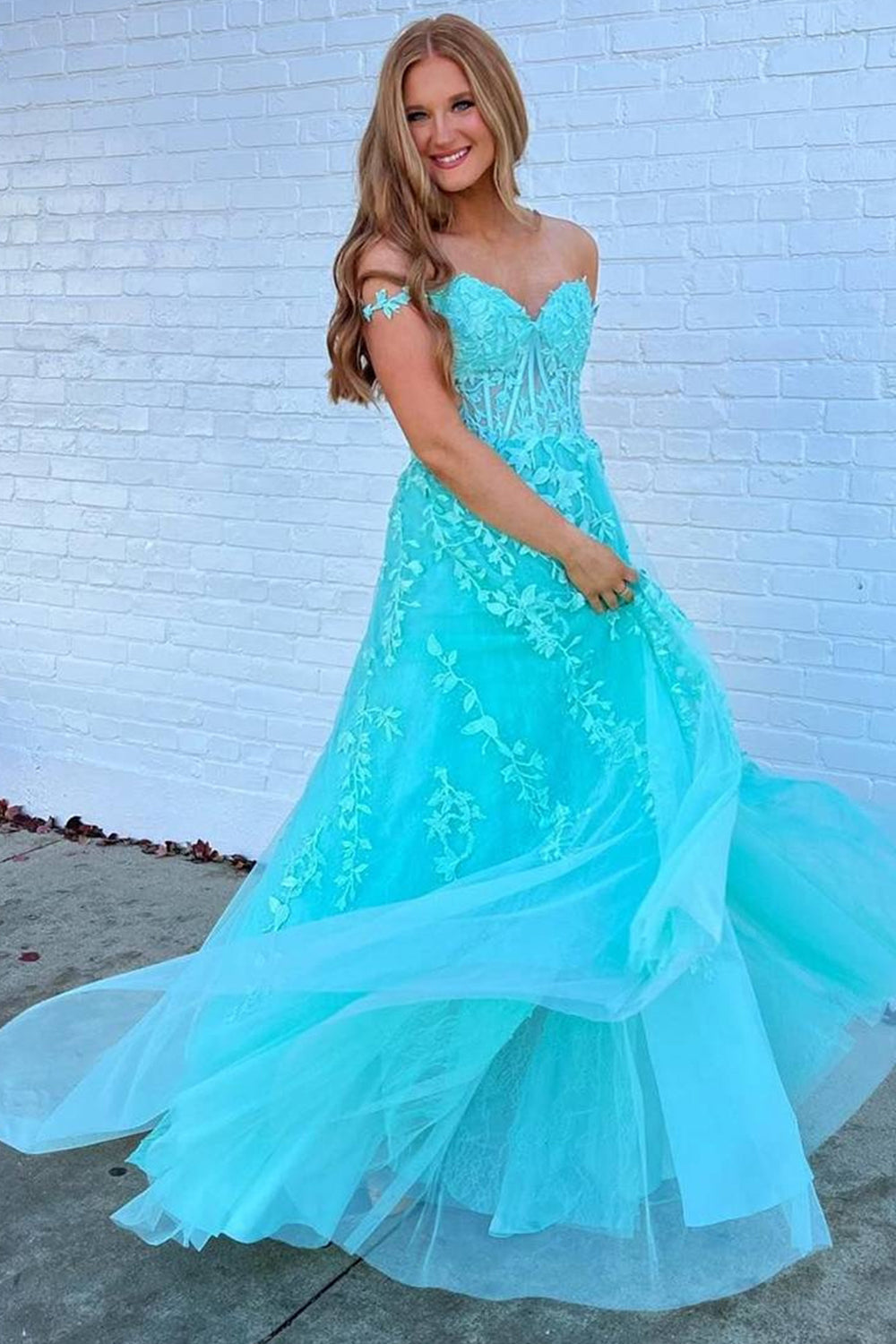 Prom Dress in Navy with Appliques and Off-the-Shoulder Design