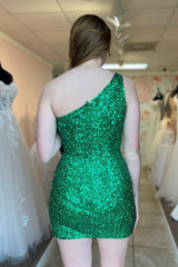 Sparkly Green Sequined One Shoulder Tight Short Homecoming Dress/Mini Dress