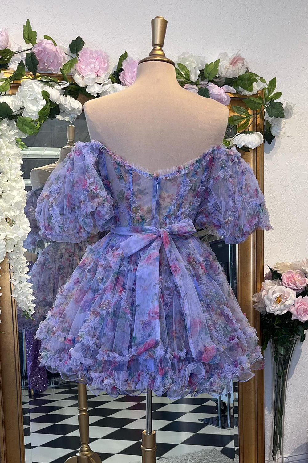 Purple Floral A-Line Short Homecoming Dress/Mini Dress