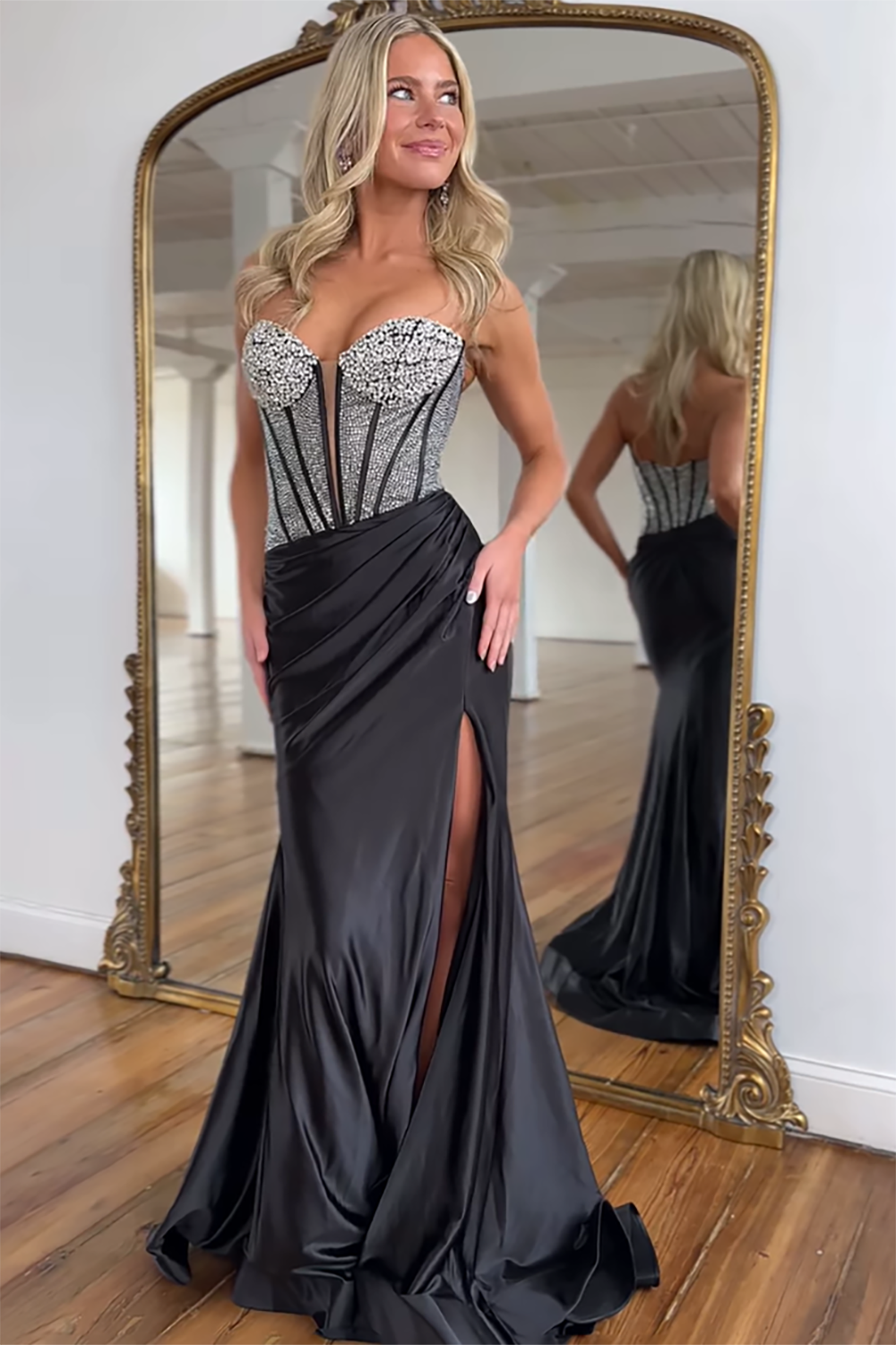 Long Blush Satin Prom Corset Dress with Beaded Sparkle and Slit