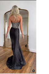 Long Black Satin Beaded Prom Dress with Sweetheart Neckline and Mermaid Slit