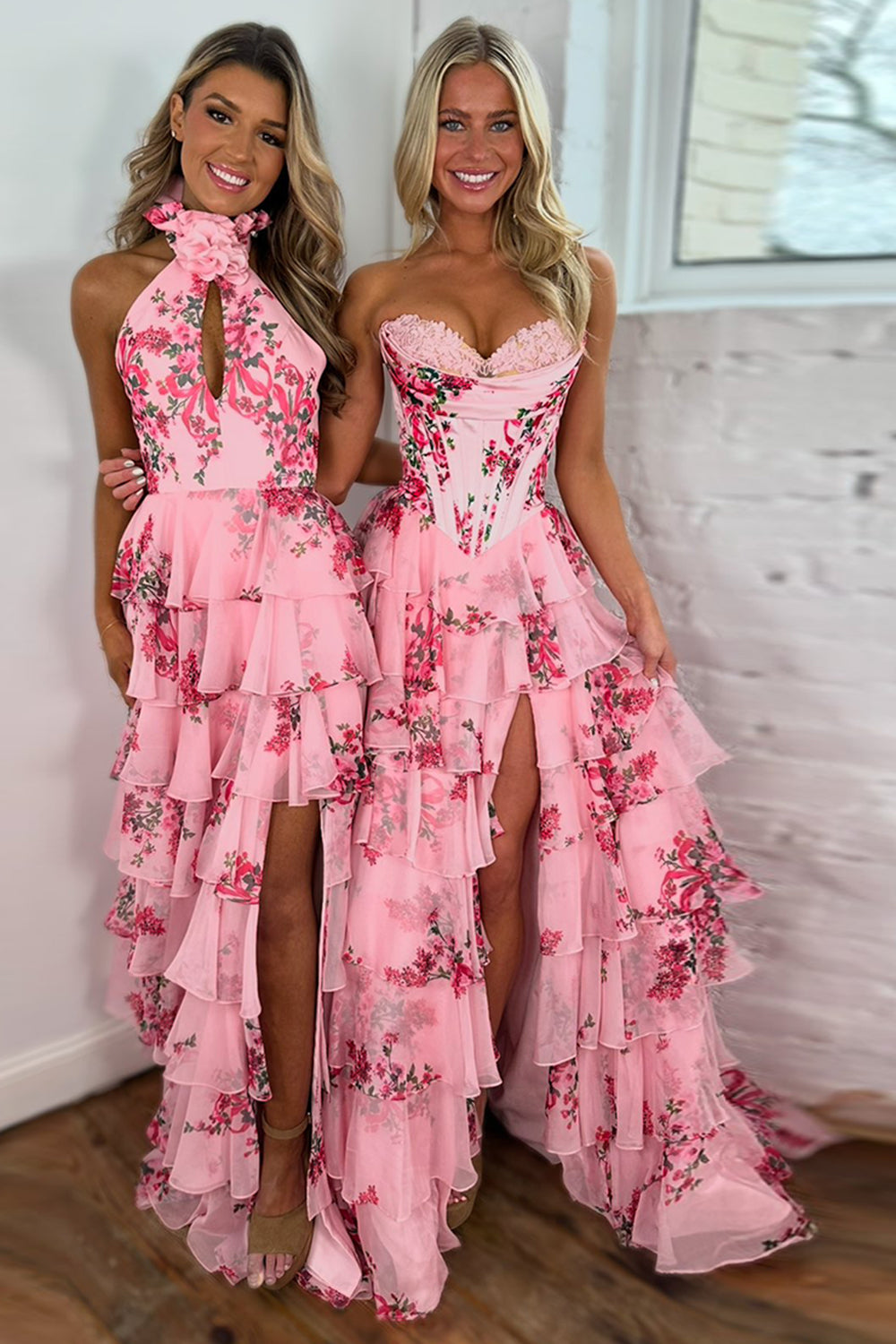 Sweetheart Blush A-Line Corset Prom Dress with Floral Ruffles and Long Chiffon Slit