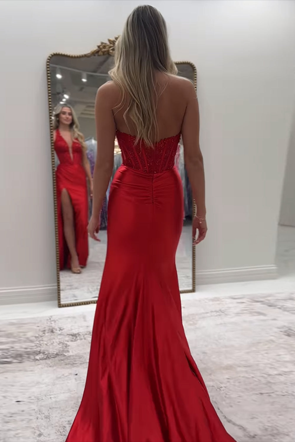 Long Backless Satin Mermaid Prom Dress in Red with Lace and Halter Corset