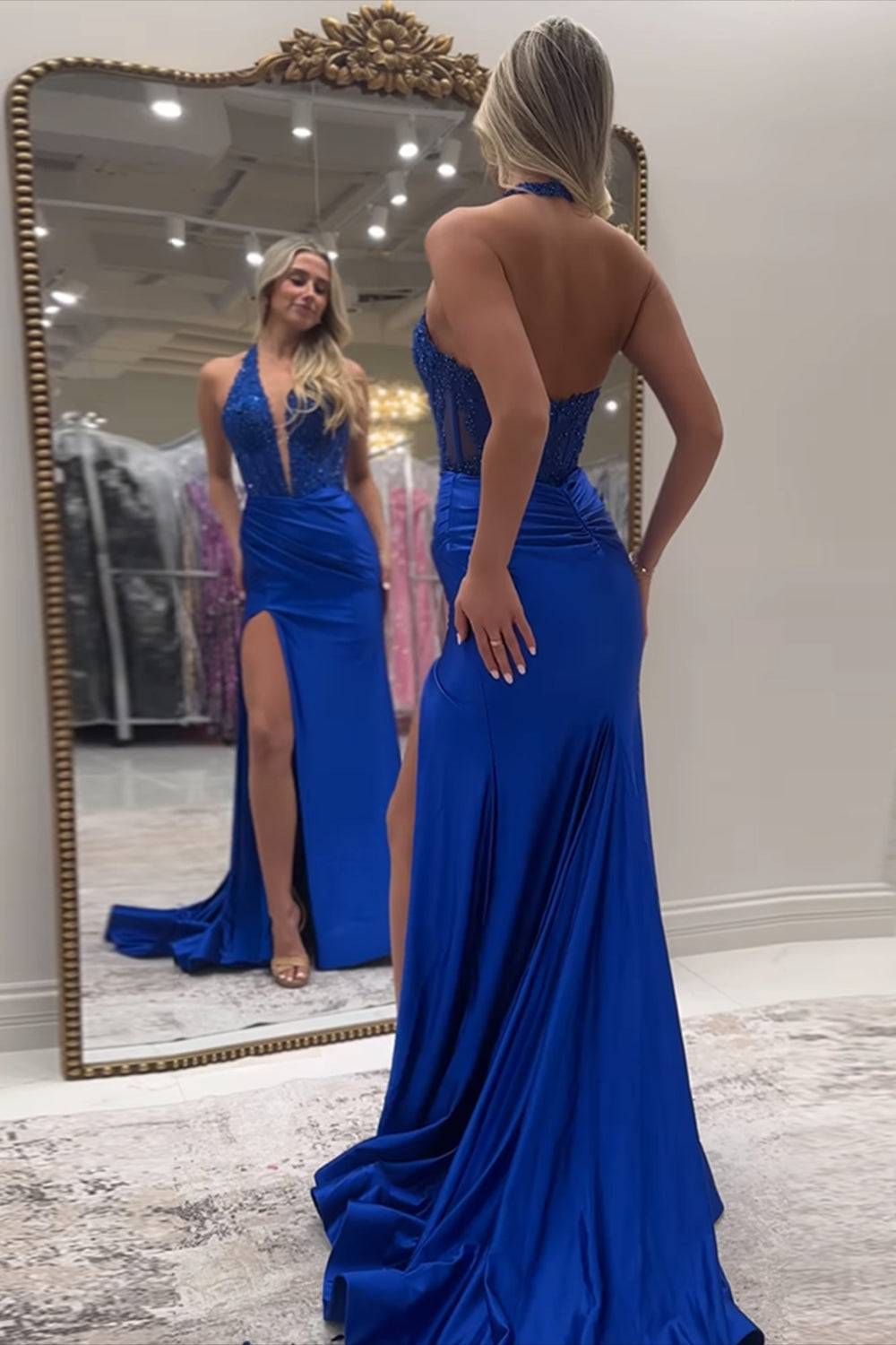 Long Backless Satin Mermaid Prom Dress in Red with Lace and Halter Corset