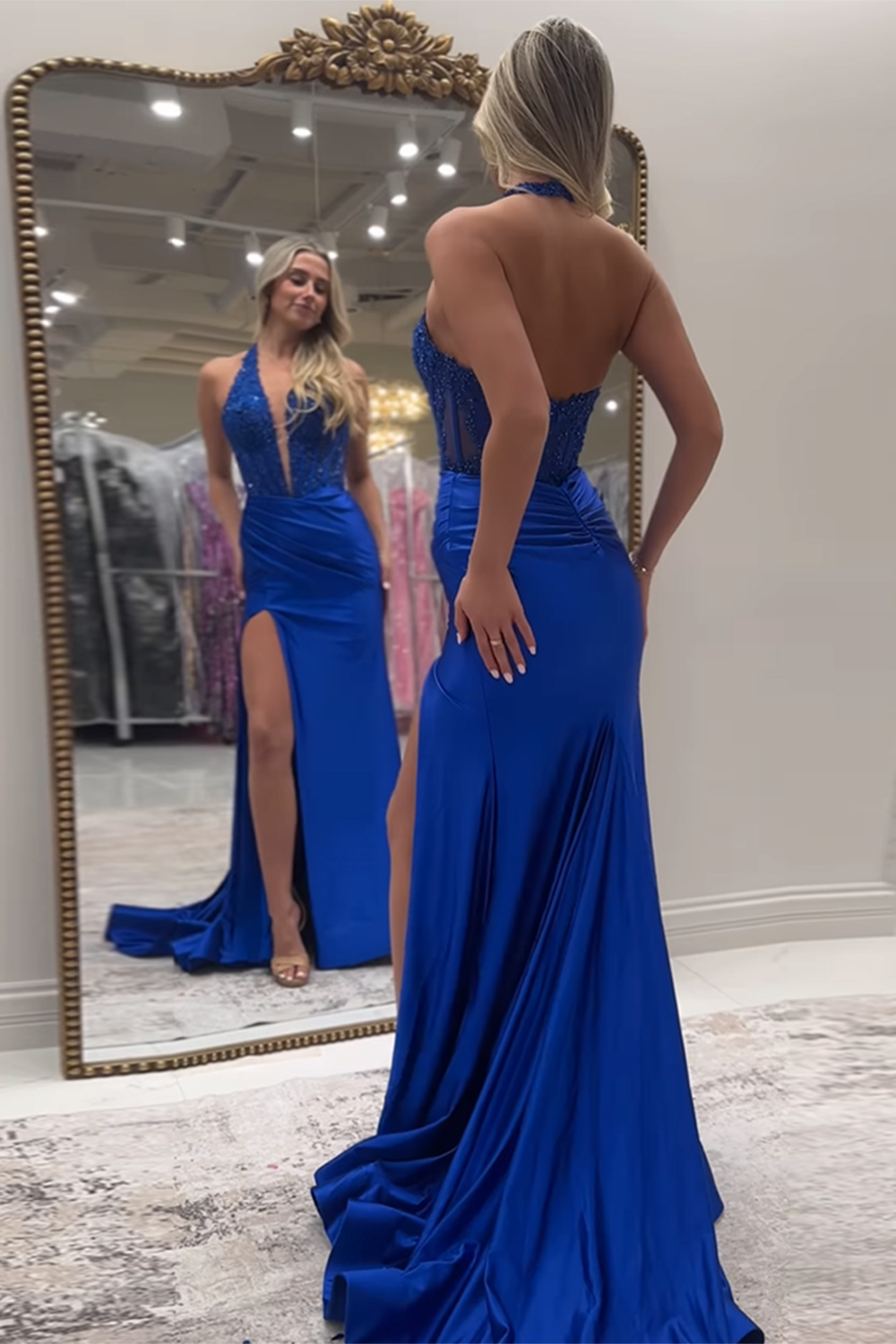 Long Satin Mermaid Prom Dress in Red with Halter Neck and Applique