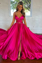 Fuchsia Satin Sparkle Prom Dress with Spaghetti Straps A-Line Pleats Cut-Out and Slit