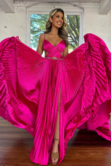 Fuchsia Satin Sparkle Prom Dress with Spaghetti Straps A-Line Pleats Cut-Out and Slit
