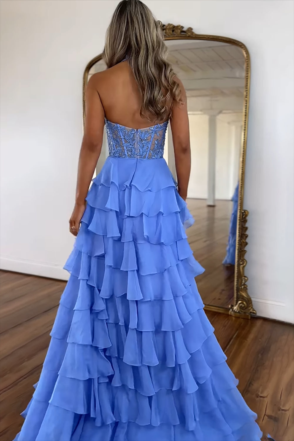 A Line Long Corset Prom Dress in Sky Blue with Halter Neck and Tiered Appliques