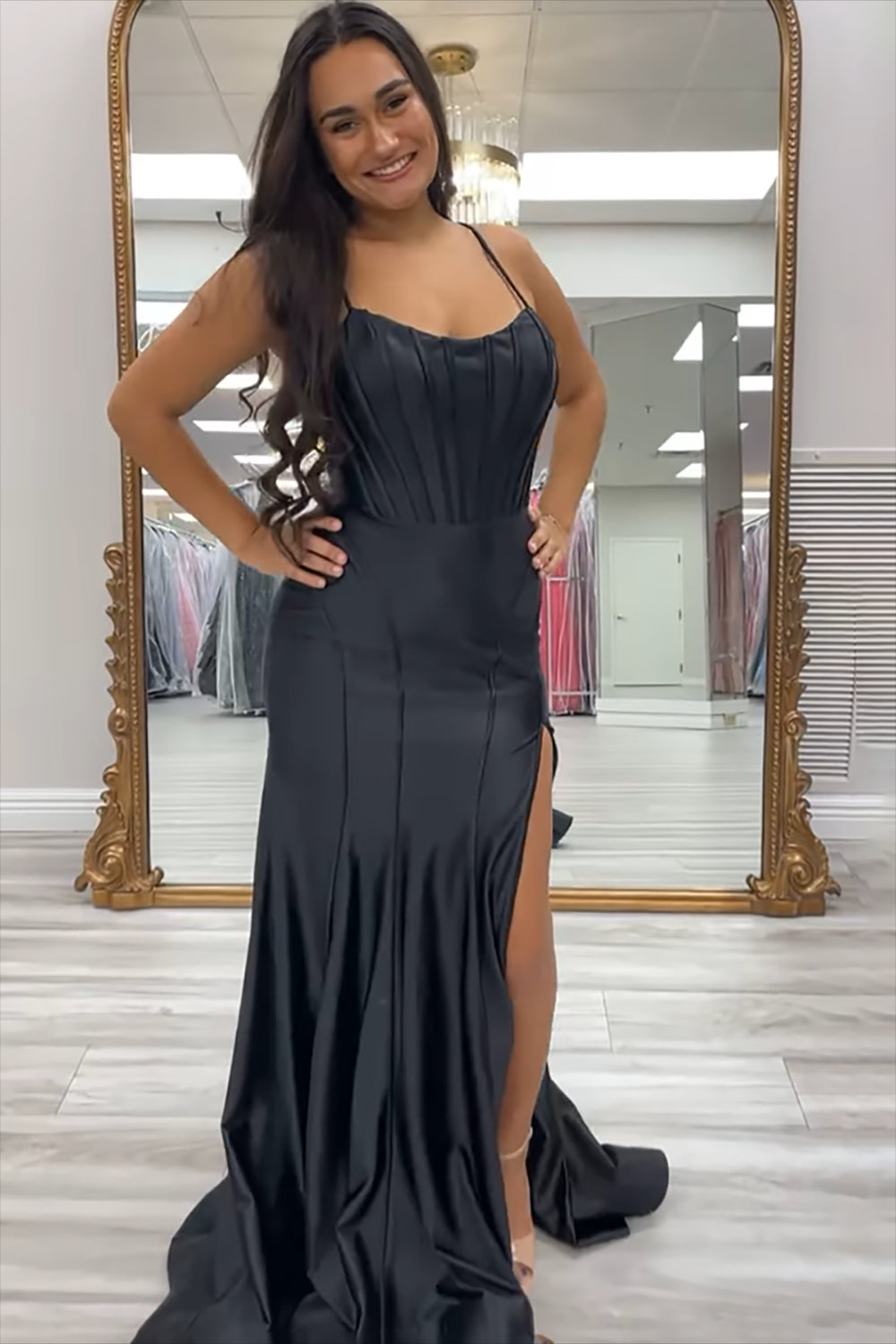 Long Satin Mermaid Prom Dress with Black Spaghetti Straps and Slit