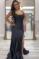 Long Satin Mermaid Prom Dress with Black Spaghetti Straps and Slit