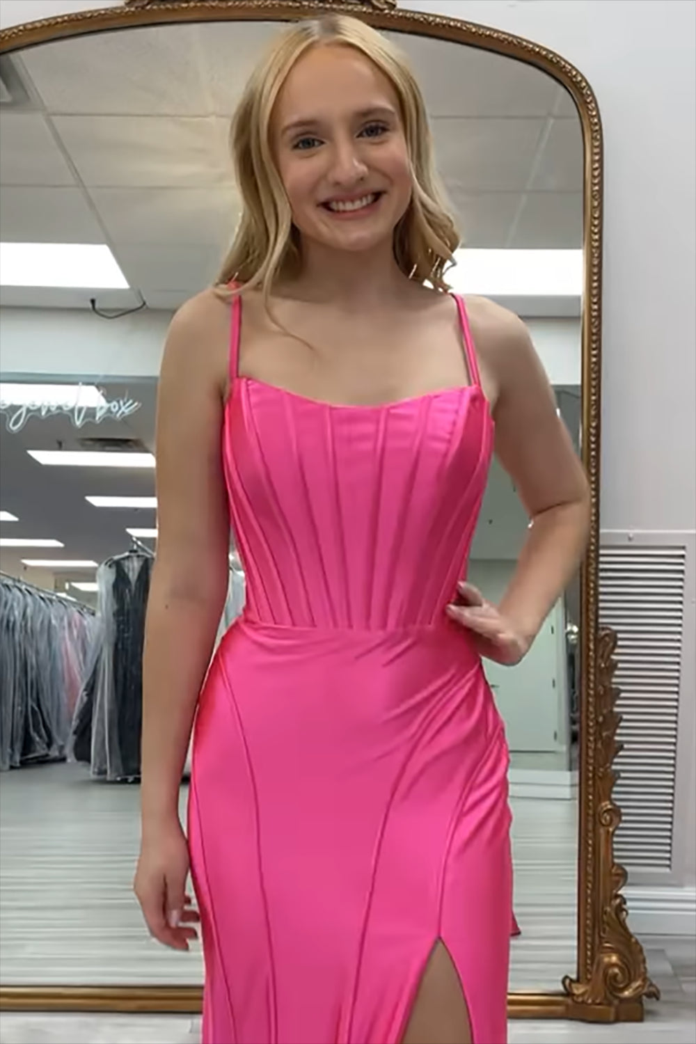 Long Satin Mermaid Prom Dress with Black Spaghetti Straps and Slit