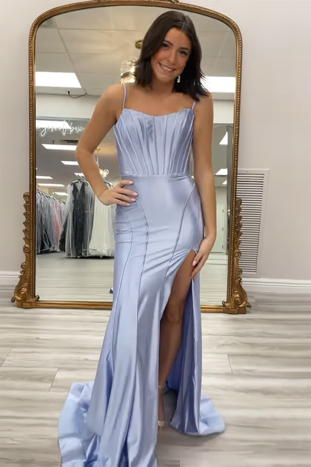 Long Satin Mermaid Prom Dress with Black Spaghetti Straps and Slit