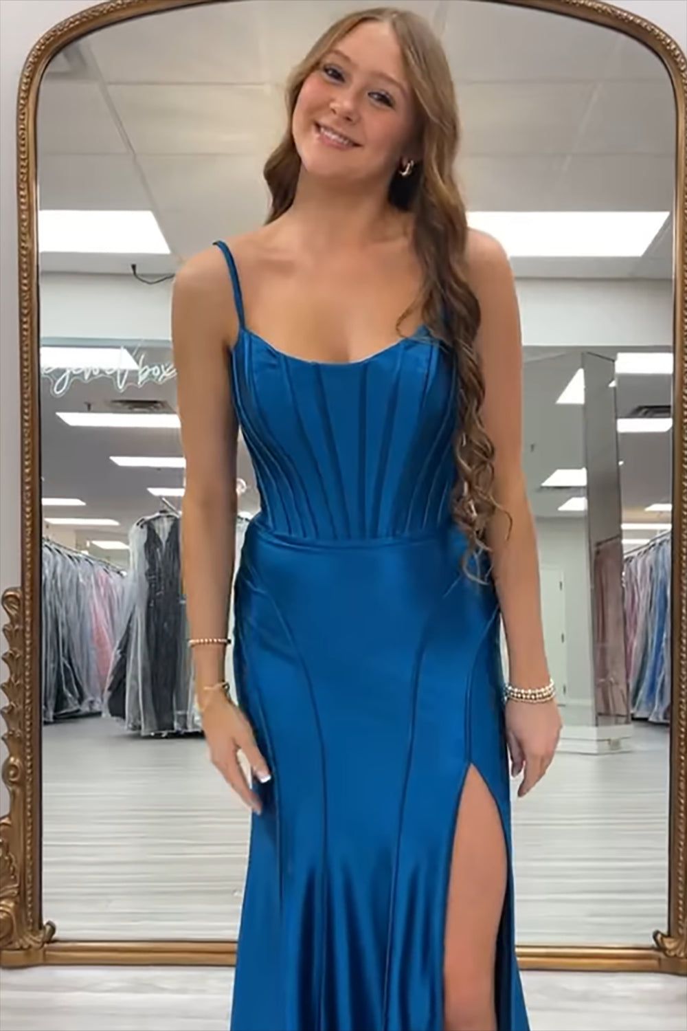 Long Satin Mermaid Prom Dress with Black Spaghetti Straps and Slit