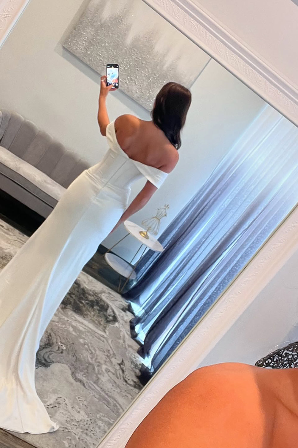 Long Satin Mermaid Prom Dress in White with Off-Shoulder Beaded Corset