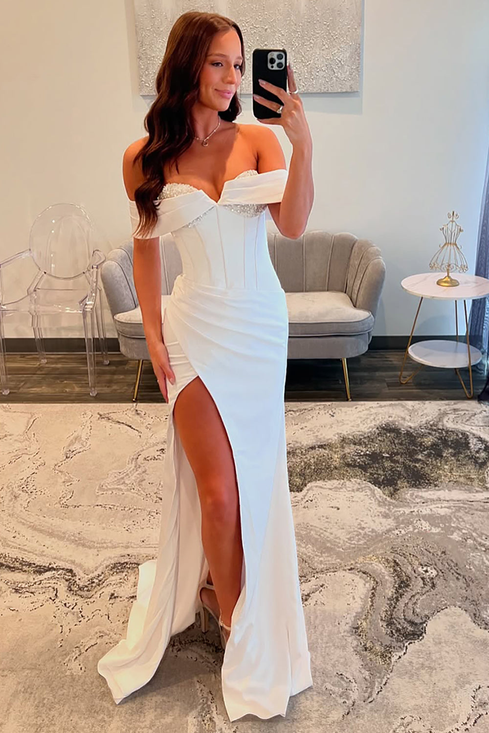 Long Satin Mermaid Prom Dress in White with Off-Shoulder Beaded Corset