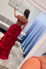 Long A-Line Satin Prom Dress with Fuchsia Spaghetti Straps and Slit