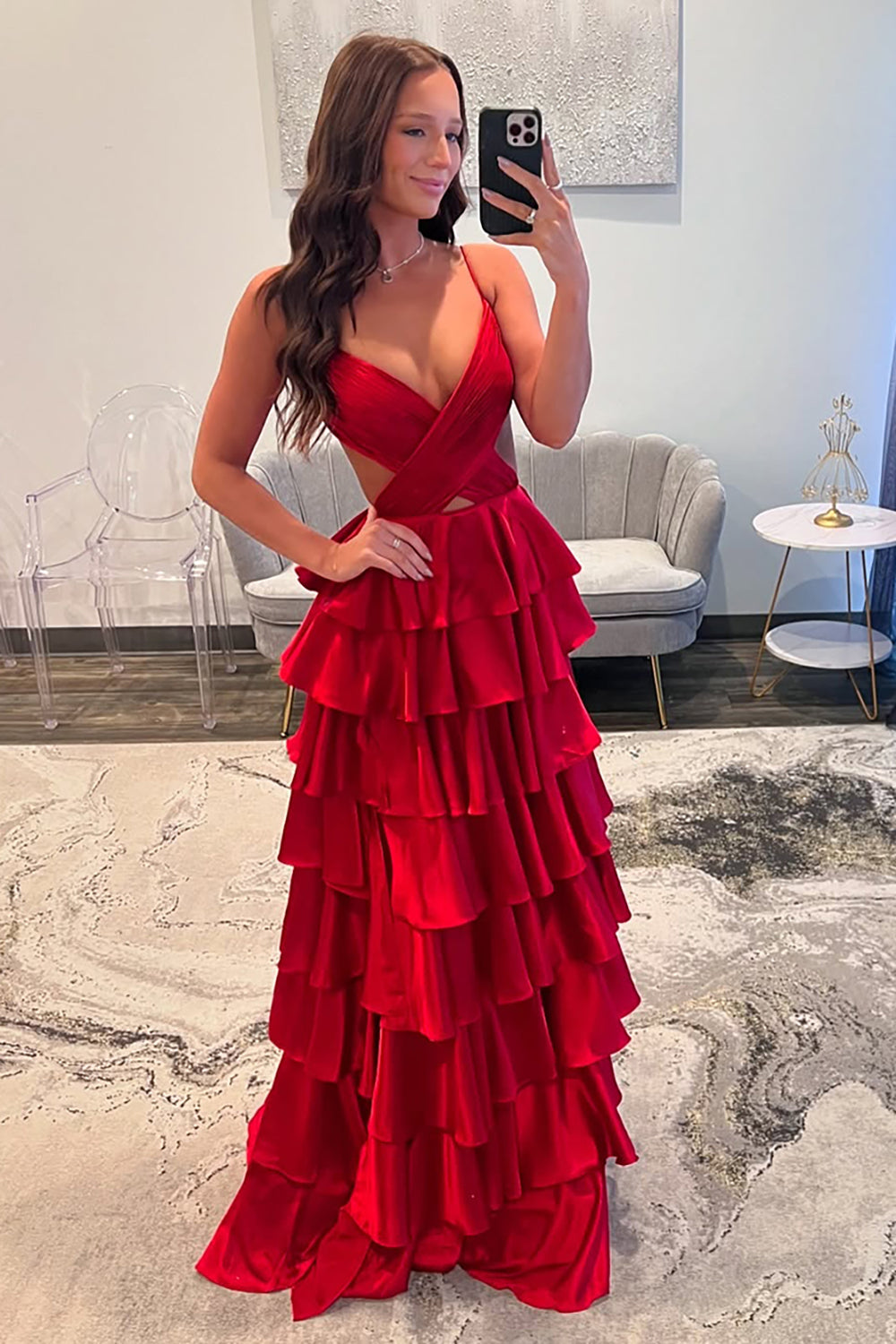 Long A-Line Satin Prom Dress with Fuchsia Spaghetti Straps and Slit