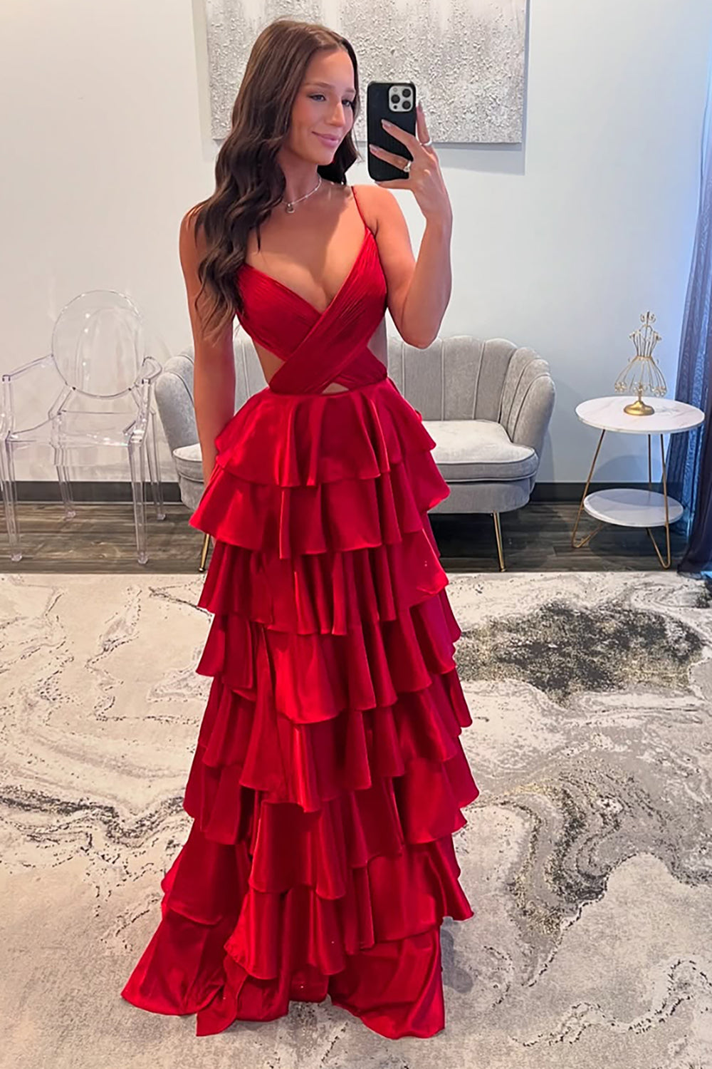 Long A-Line Satin Prom Dress with Fuchsia Spaghetti Straps and Slit
