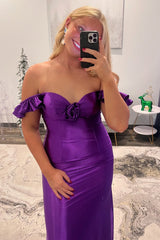 Long Satin Mermaid Prom Dress in Purple with Off-Shoulder Design