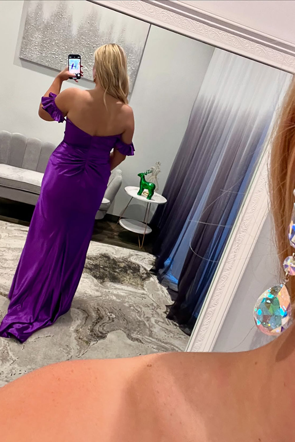 Long Satin Mermaid Prom Dress in Purple with Off-Shoulder Design
